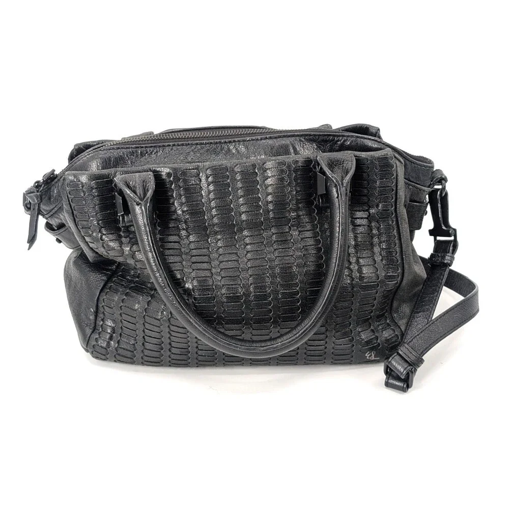 Elliot Lucca Black Woven Braided Leather Shoulder Bag Satchel Crossbody Handbag